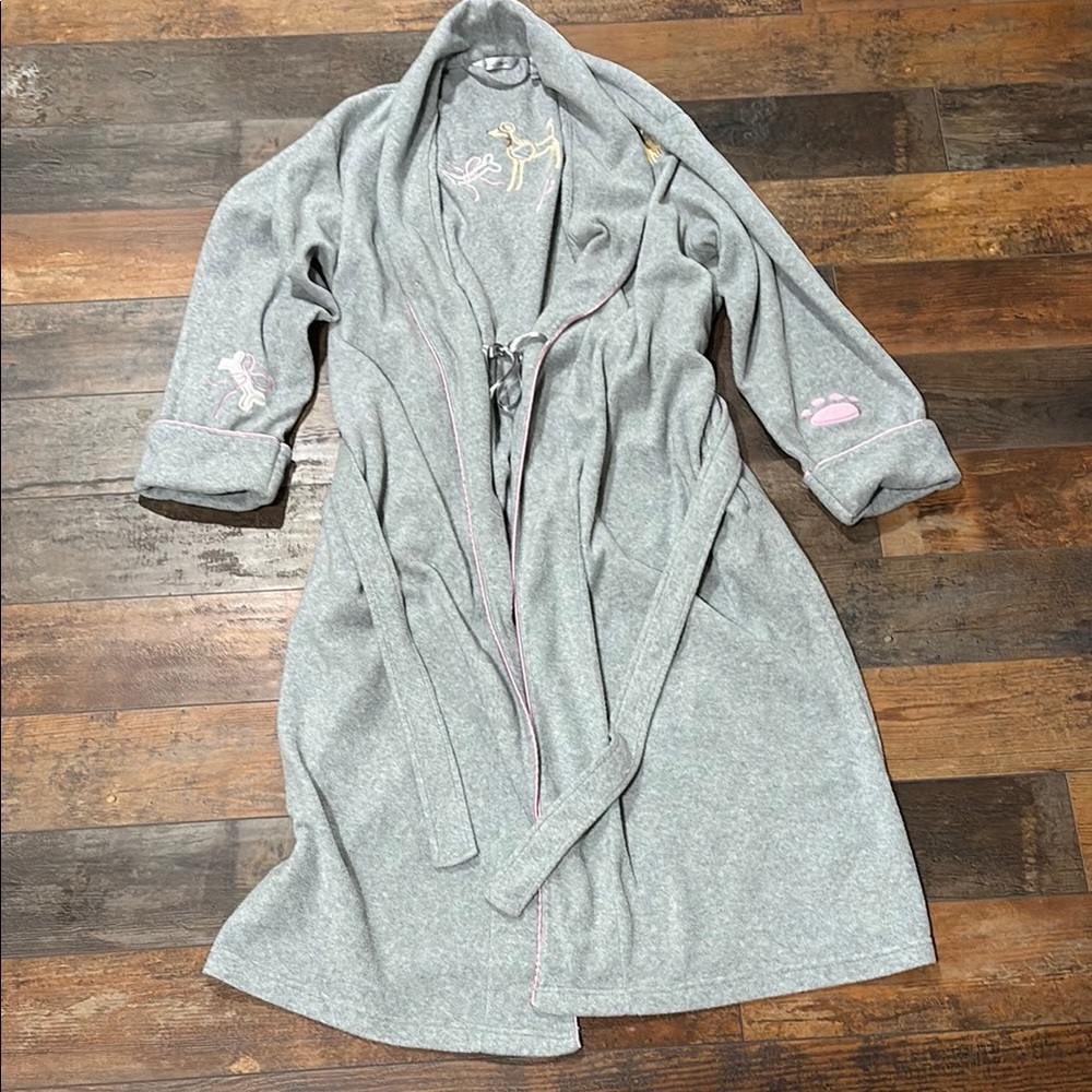 Gray Women's Robe with Pink Embroidered dog Accents